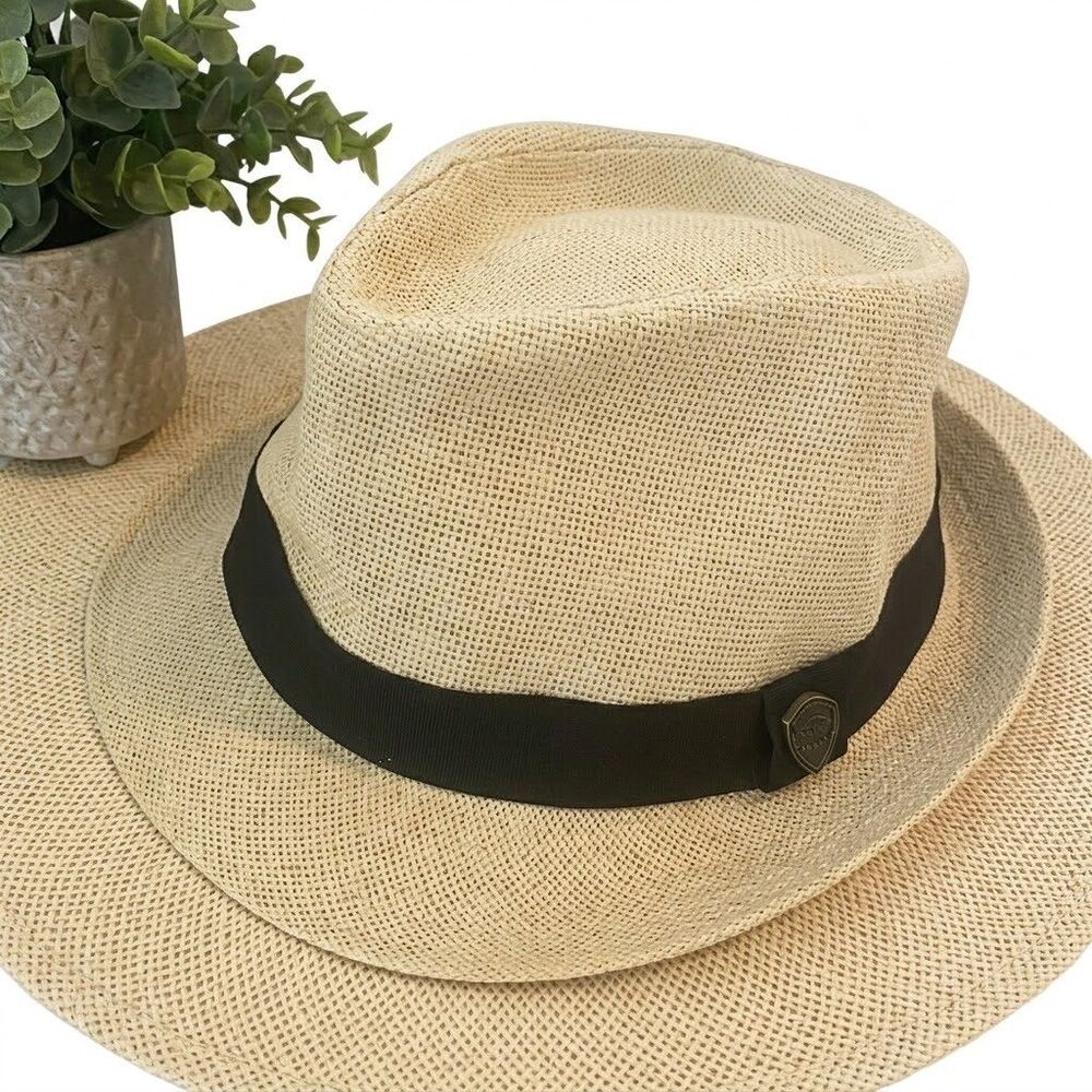 Pamoa Natural Straw Fedora Hat with Black Ribbon Band Size L/XL